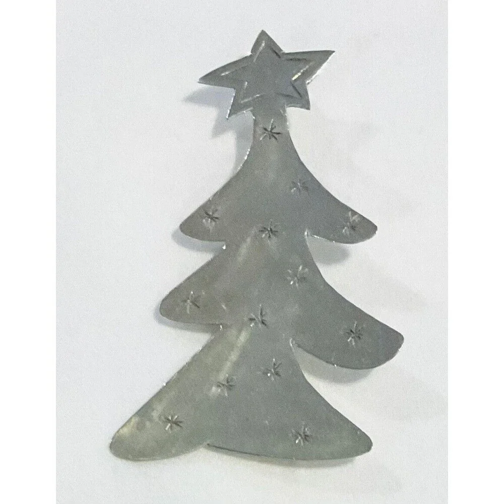 Artisan Silver Tone Christmas Tree Brooch Pin Rustic Primitive 2.5” x 1.75”
